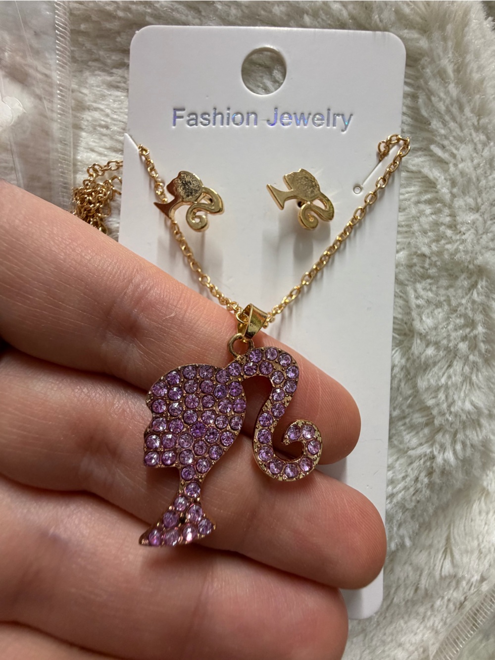 Rhinestone Swan Pendant Necklace in Lavender and Gold